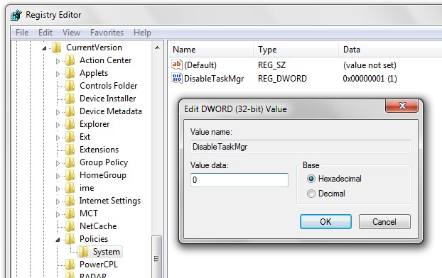 Enable Task Manager Windows Vista Registry Restore