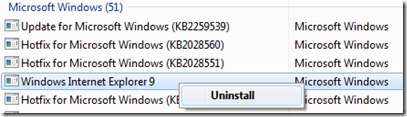 Windows Internet Explorer 9 Uninstall