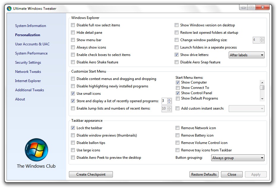 Konečný Windows Tweaker - Personalizace