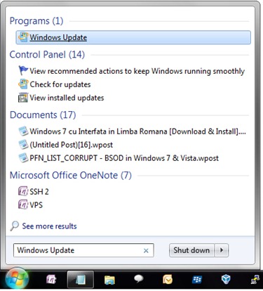 Otevřená Windows 7 Update Center