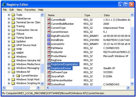 Regedit - Lastnik Informacije in organizacija Ime