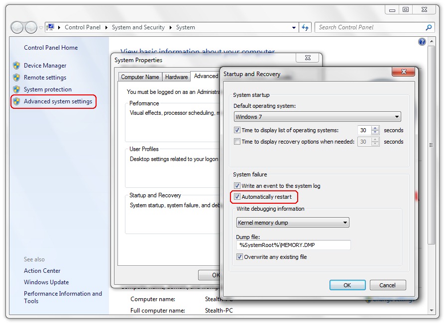 Start automatically. Windows 7 System properties. SYSTEMPROPERTIESADVANCED. Disable auto macros.