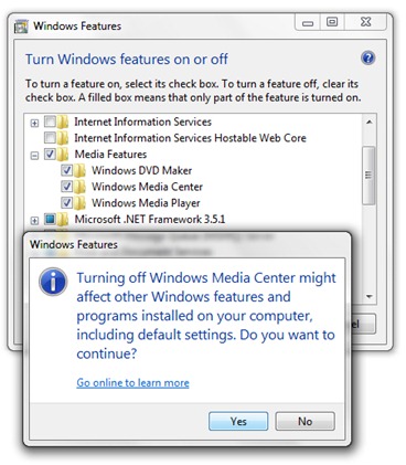 uninstall Windows Mediji center