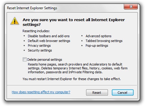 сбросить интернет Explorer Settings