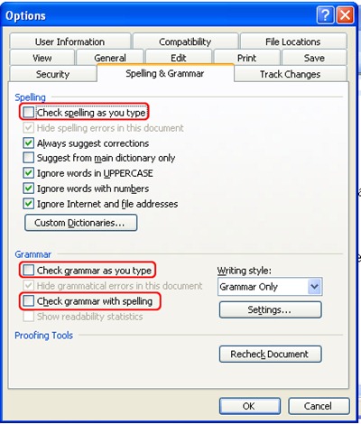 spelling - grammar settings word