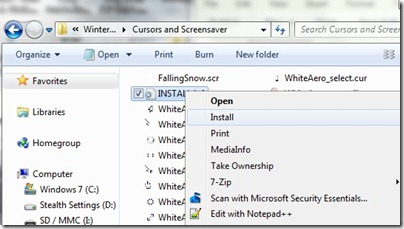 冬の白いテーマをダウンロード Windows 7 スクリーンセーバー 壁紙 カーソルを含む Stealth Settings