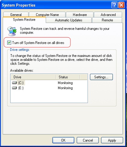 Забороняти System відновлення Windows XP
