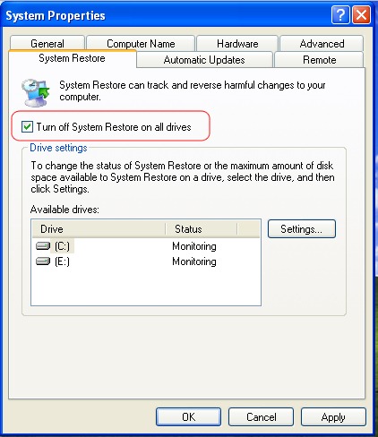 Απενεργοποίηση System Επαναφορά Windows XP