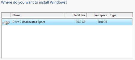 Install Windows 8 가상 파티션