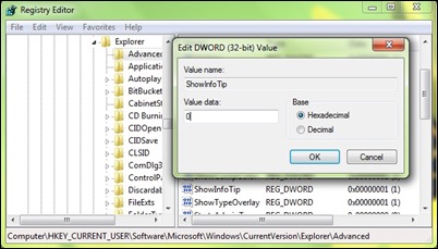 禁用-showinfotip，注册表编辑器