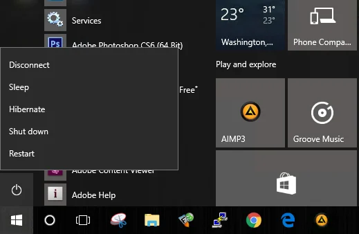 Hibernate in Windows Start Menu