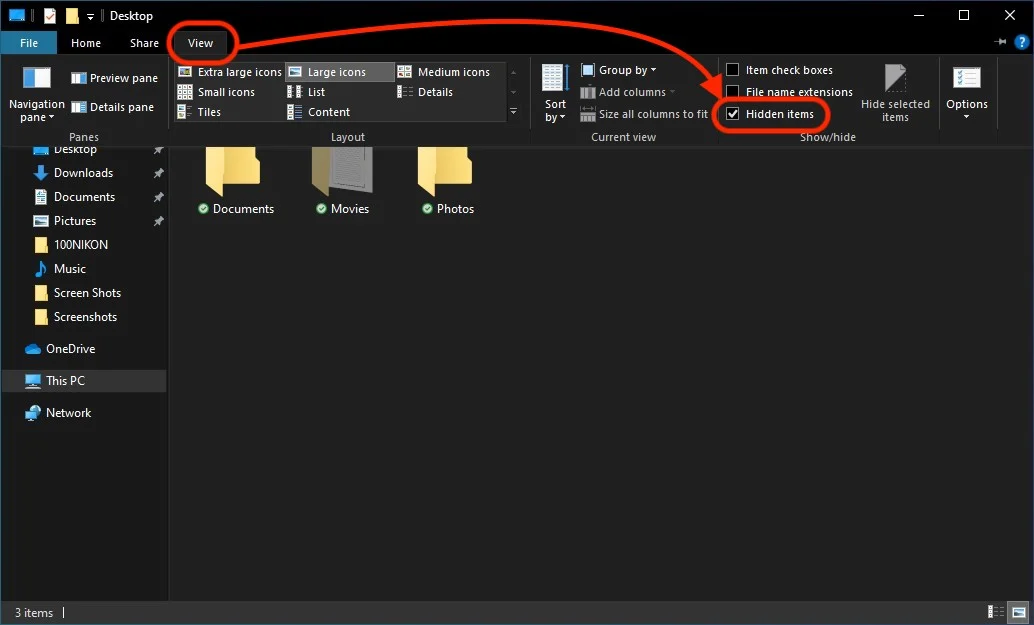 show hidden files ve Windows