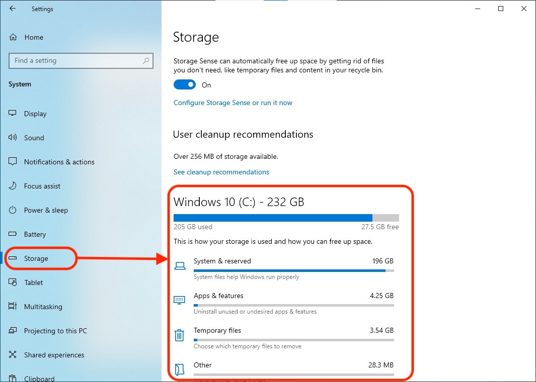 how much storage space does windows 10 take