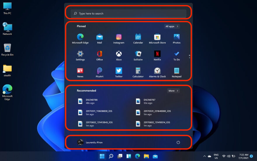 default start menu windows 10