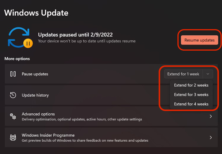 विराम बढ़ाएँ Windows Updates