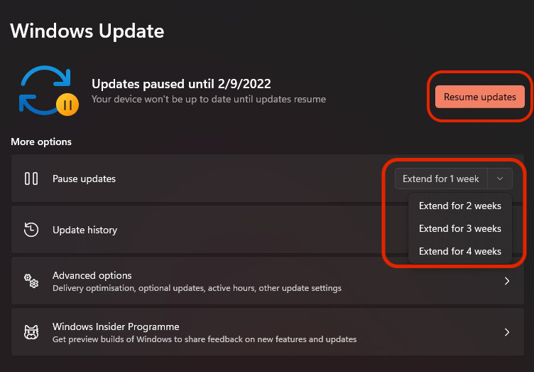 延長暫停 Windows Updates