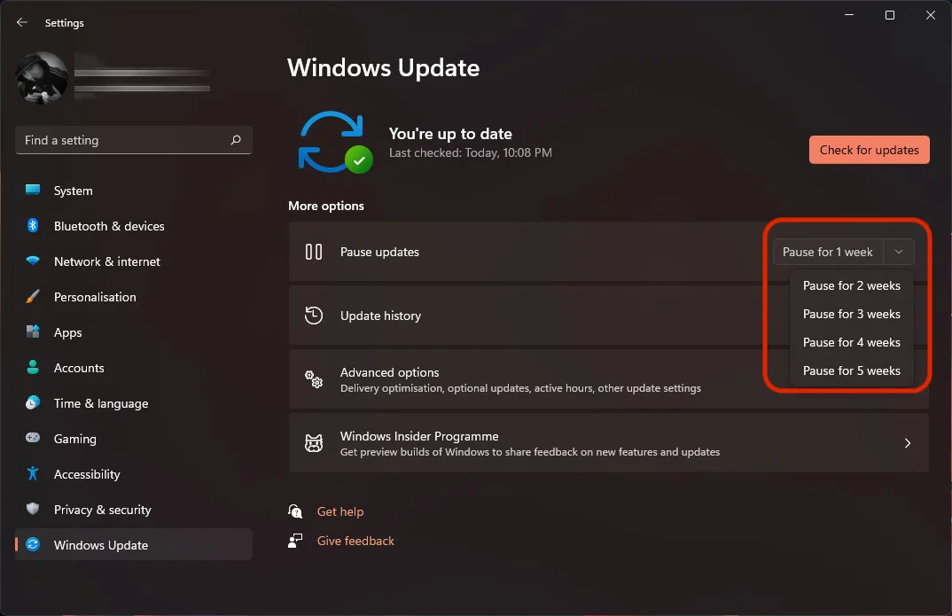 Pauza Windows Updates