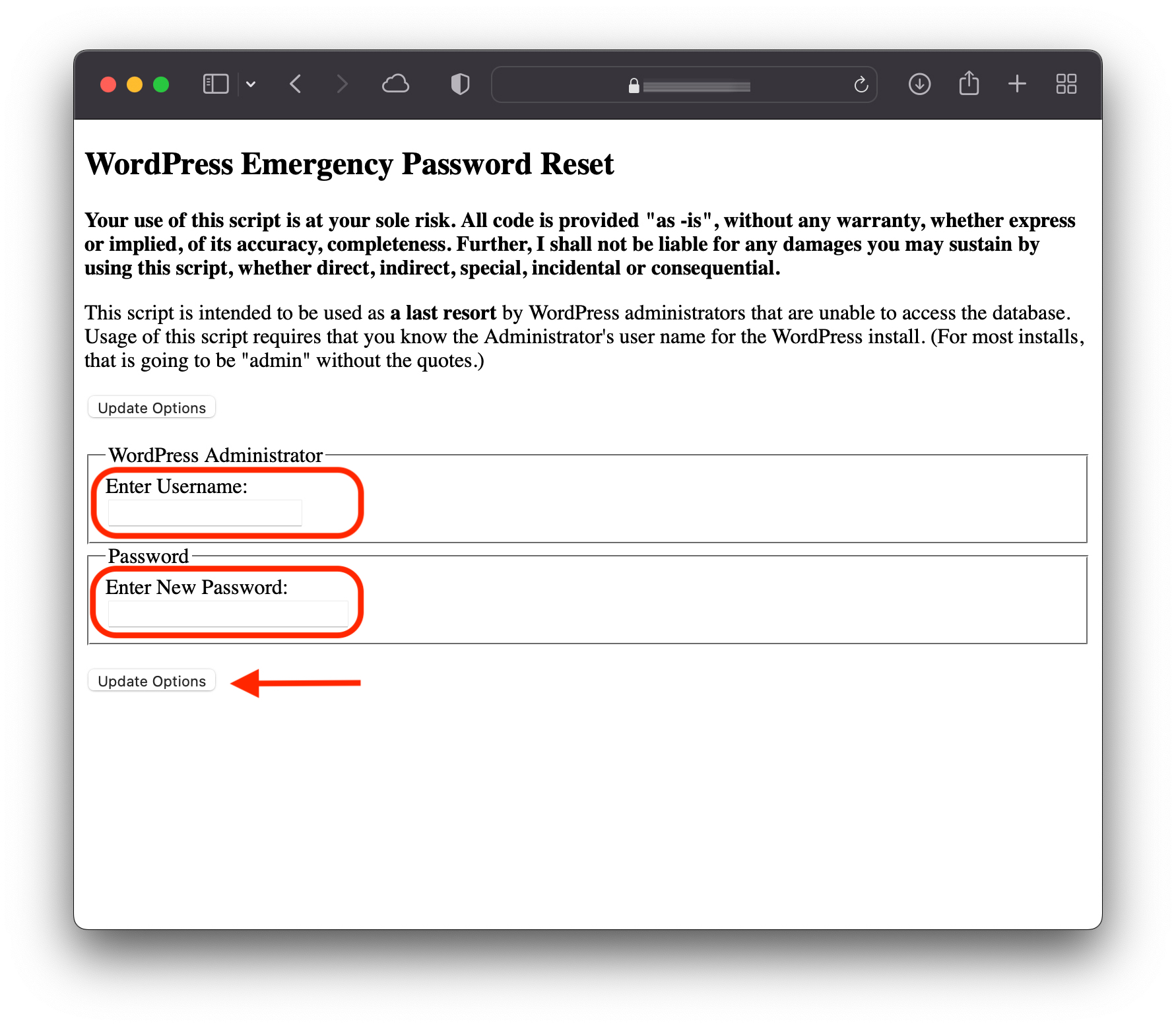 How to reset the user password Administrator WordPress, without access to email or database.