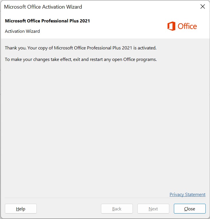 Ditt exemplar av Microsoft Office Professional Plus 2021 är aktiverat