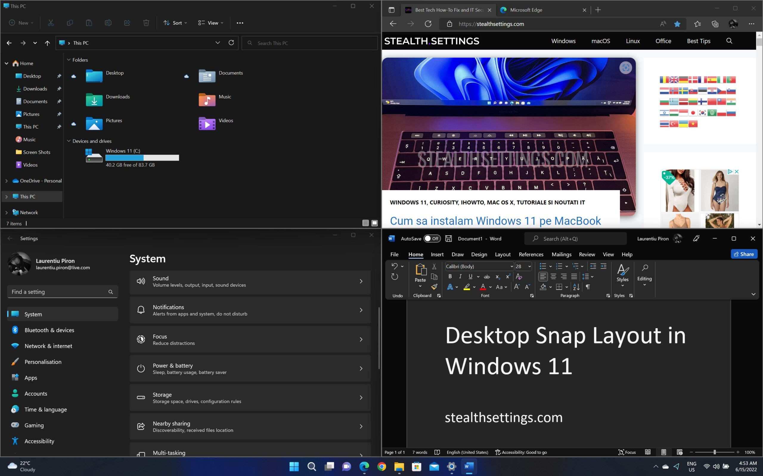 Desktop Snap Layouts in Windows 11