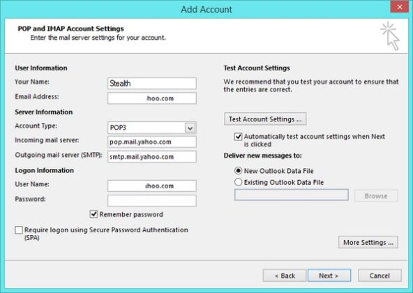 How can we set Pop3 or IMAP for Yahoo! Mail in outlook - stealth settings