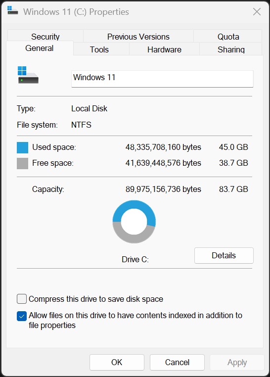 Windows 11 Властивості розділу