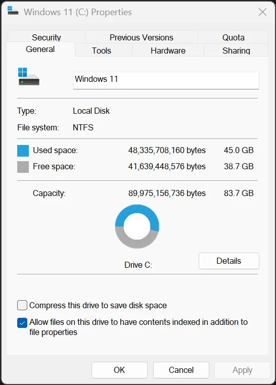 Windows 11 Partíció tulajdonságai