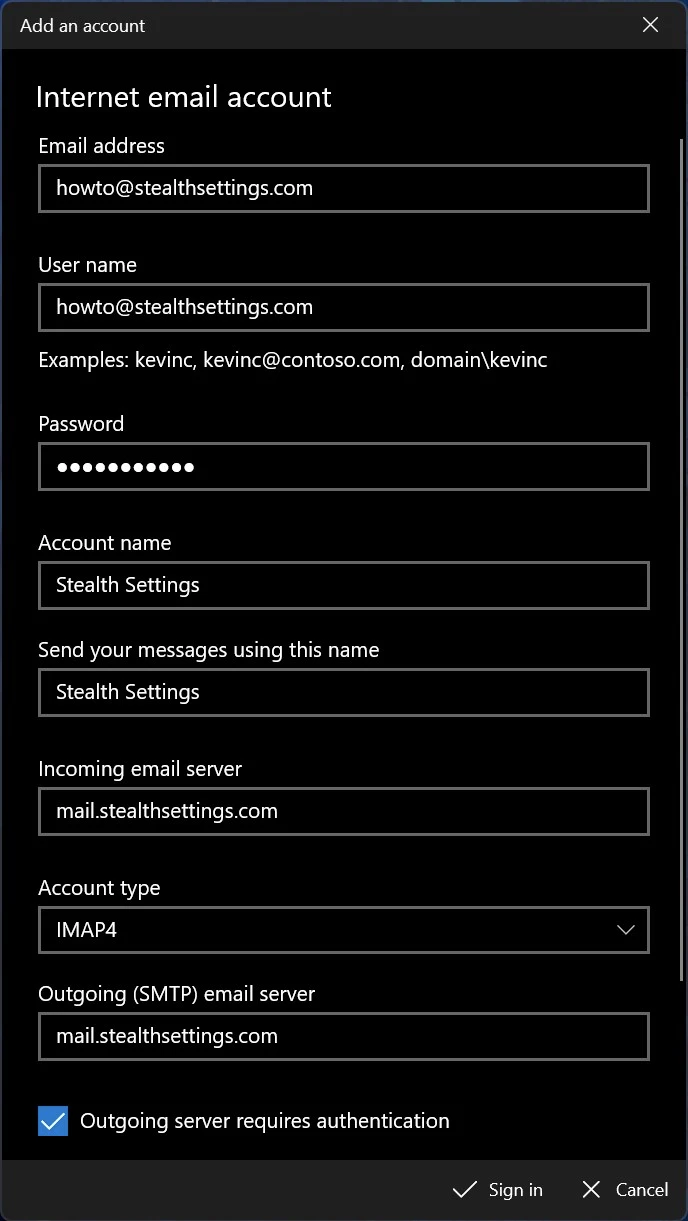 E-mail szerver Settings