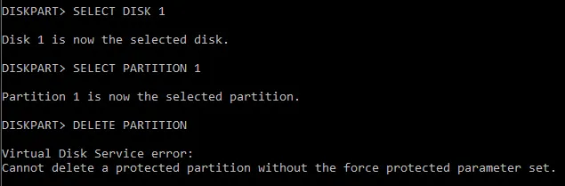Vous ne pouvez pas supprimer une partition protégée Sans la force protégée jeu de paramètres