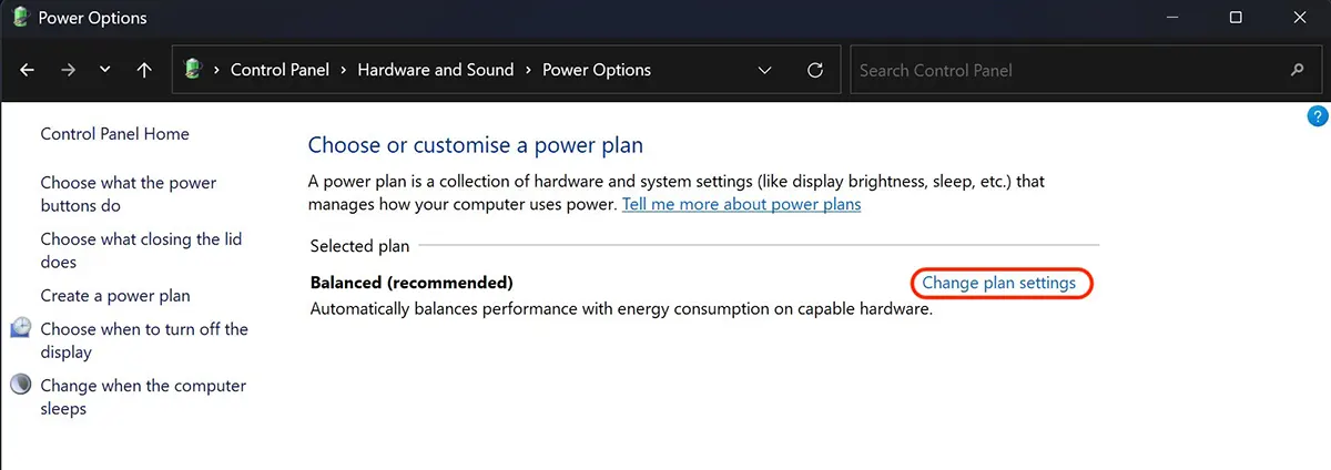 Alterar plano de energia Settings