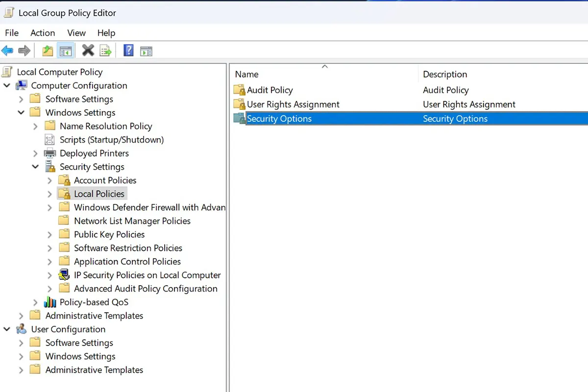 Sécurité Options in Windows 11