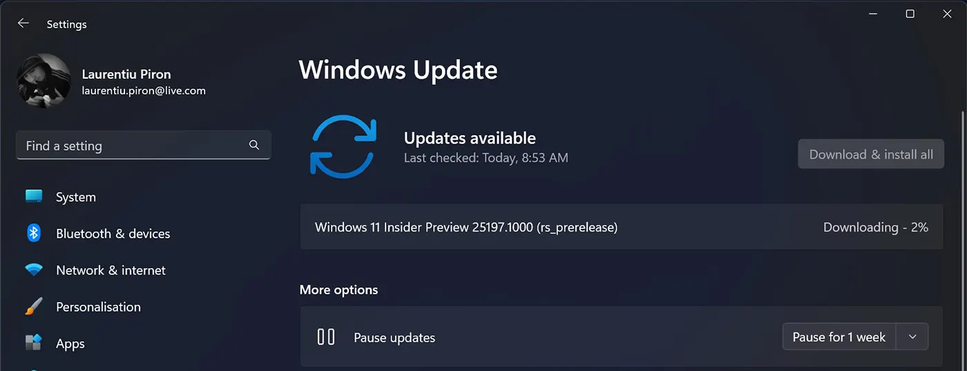 Windows 11 Insider Preview stavať 25197