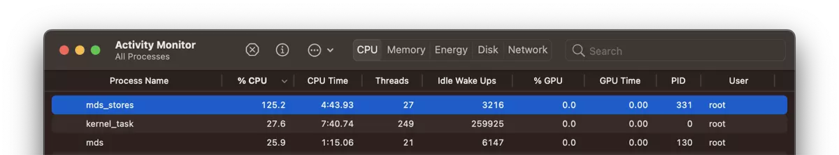 Popraviti mds_stores visok CPU korištenje na Mac