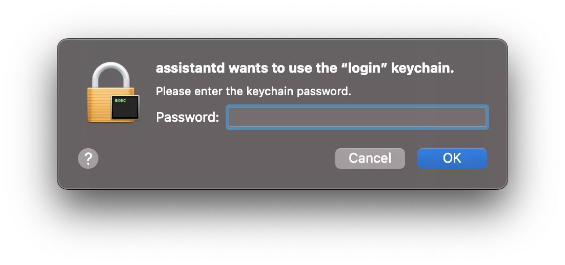 assistantd wants to use the "login" keychain