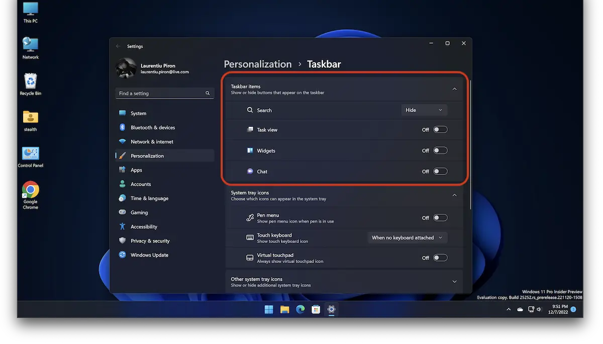 كيفية إزالة الدردشة والبحث من taskbar pe Windows 11