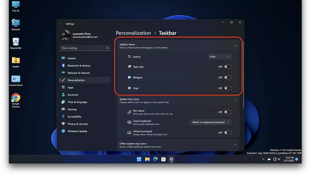 jak odstranit Chat a hledání z hlavního panelu na Windows 11