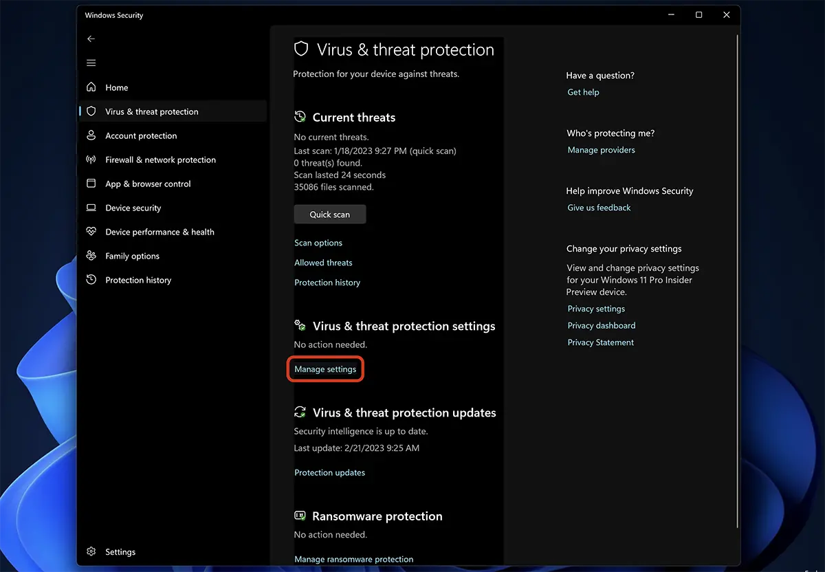 바이러스 - 위협 보호 settings