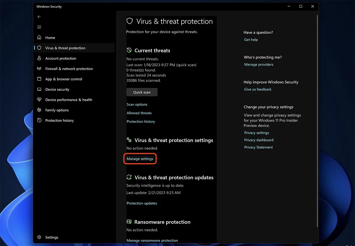 Virus - threat protection settings