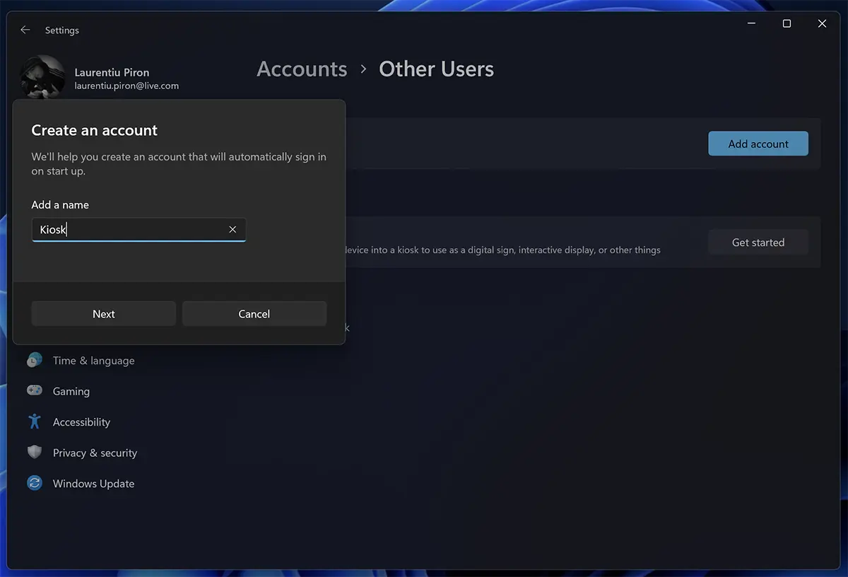 Create an user account in Windows