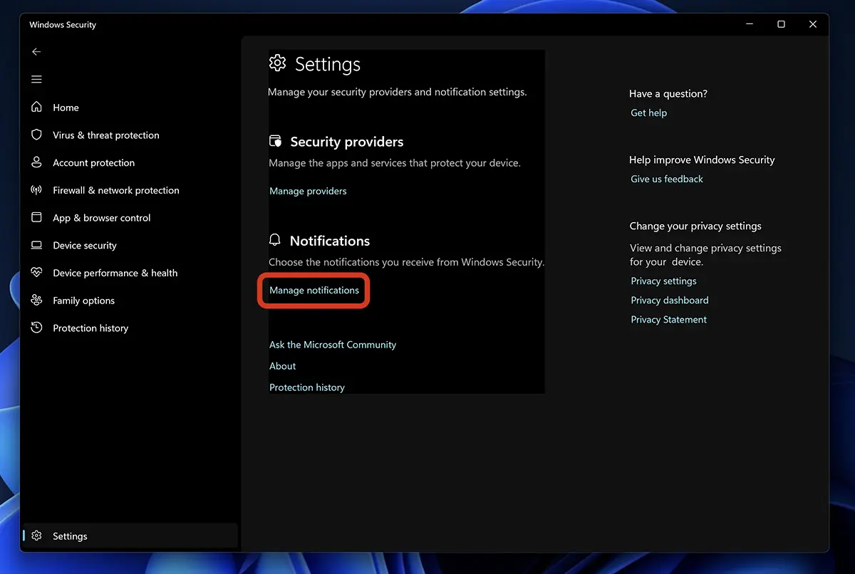 Gestiona Windows Security Notificaciones