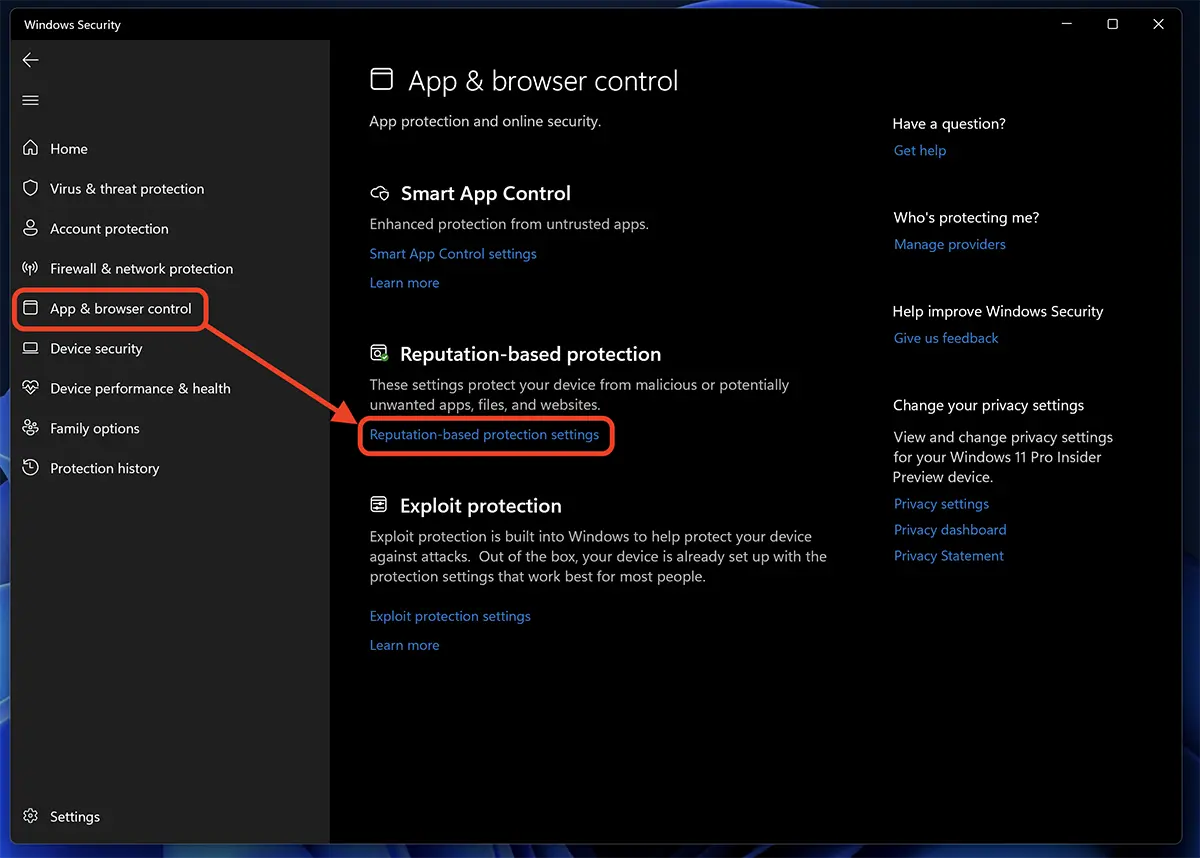 Proteção baseada em reputação Settings