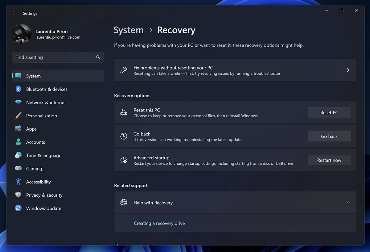 Windows 11 System การฟื้นตัว