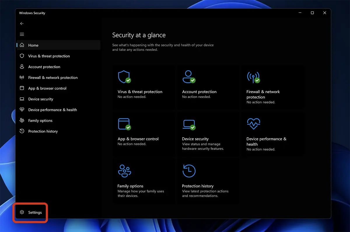 Windows Security Settings in Windows 11