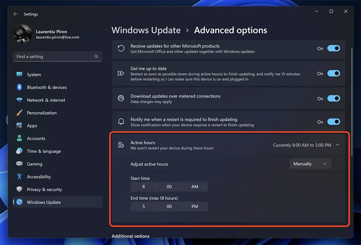إعداد الساعات النشطة لـ Windows Updates