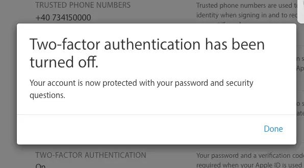 Two-Factor Authentication has been turned off