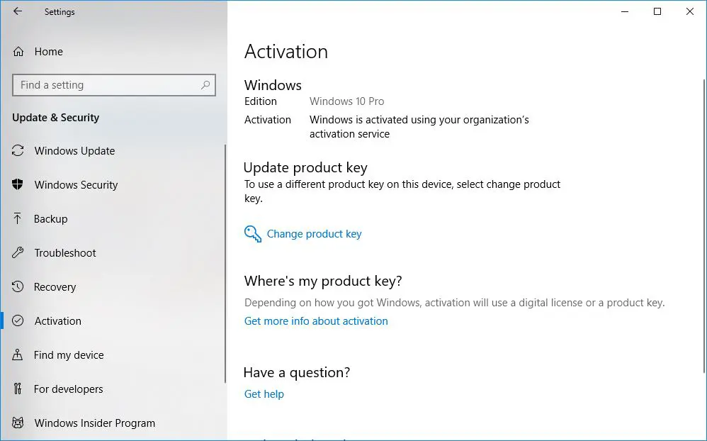Windows is activated using your organization's activation service