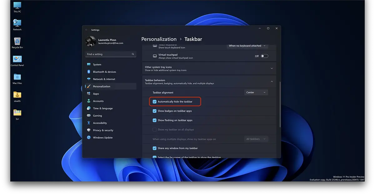 Barra de tarefas ocultar automaticamente em Windows 11