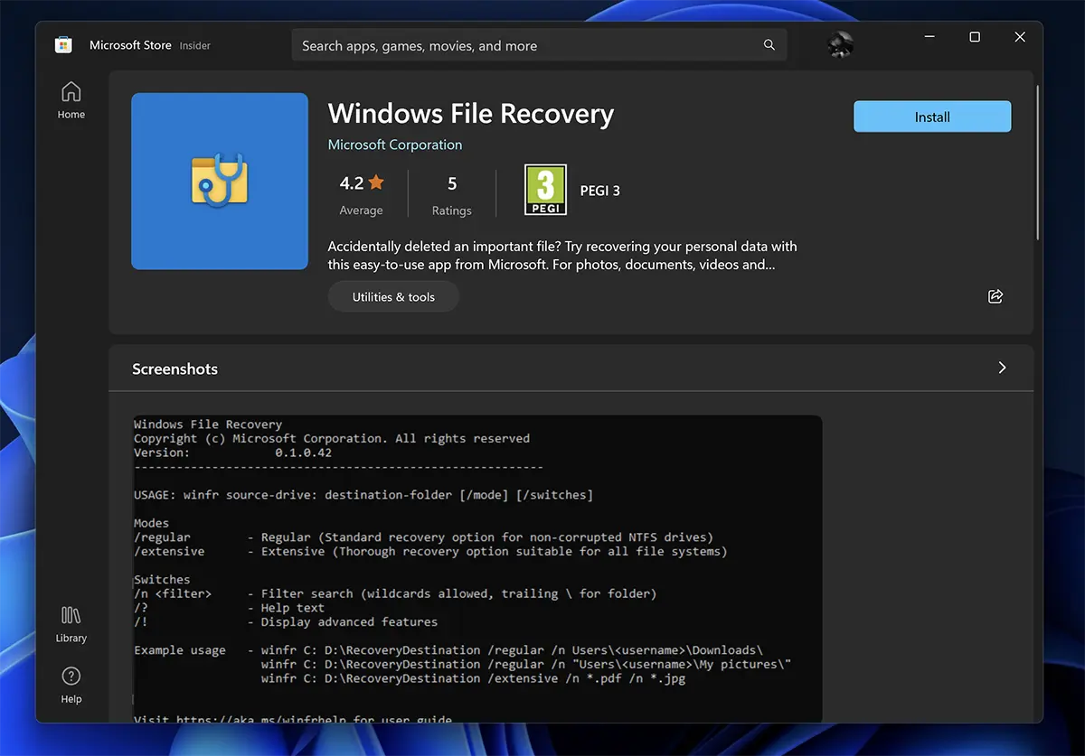 Windows File Recovery in Windows 11 Microsoft Store