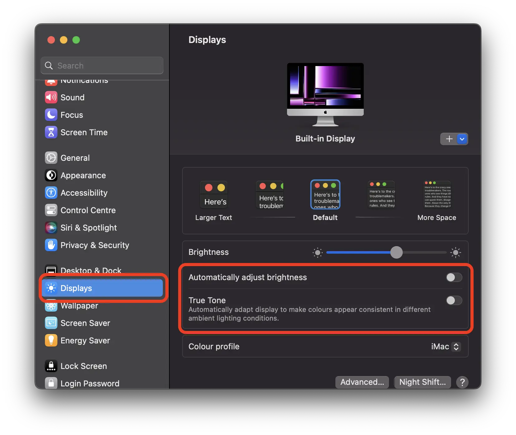 How to disable automatic brightness and color change on Mac