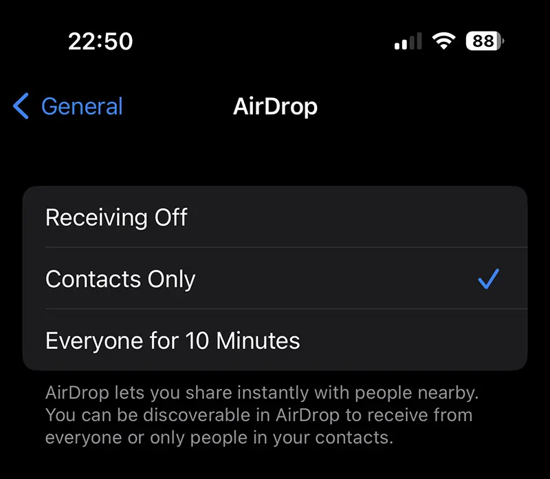 Airdrop Settings nell'iOS